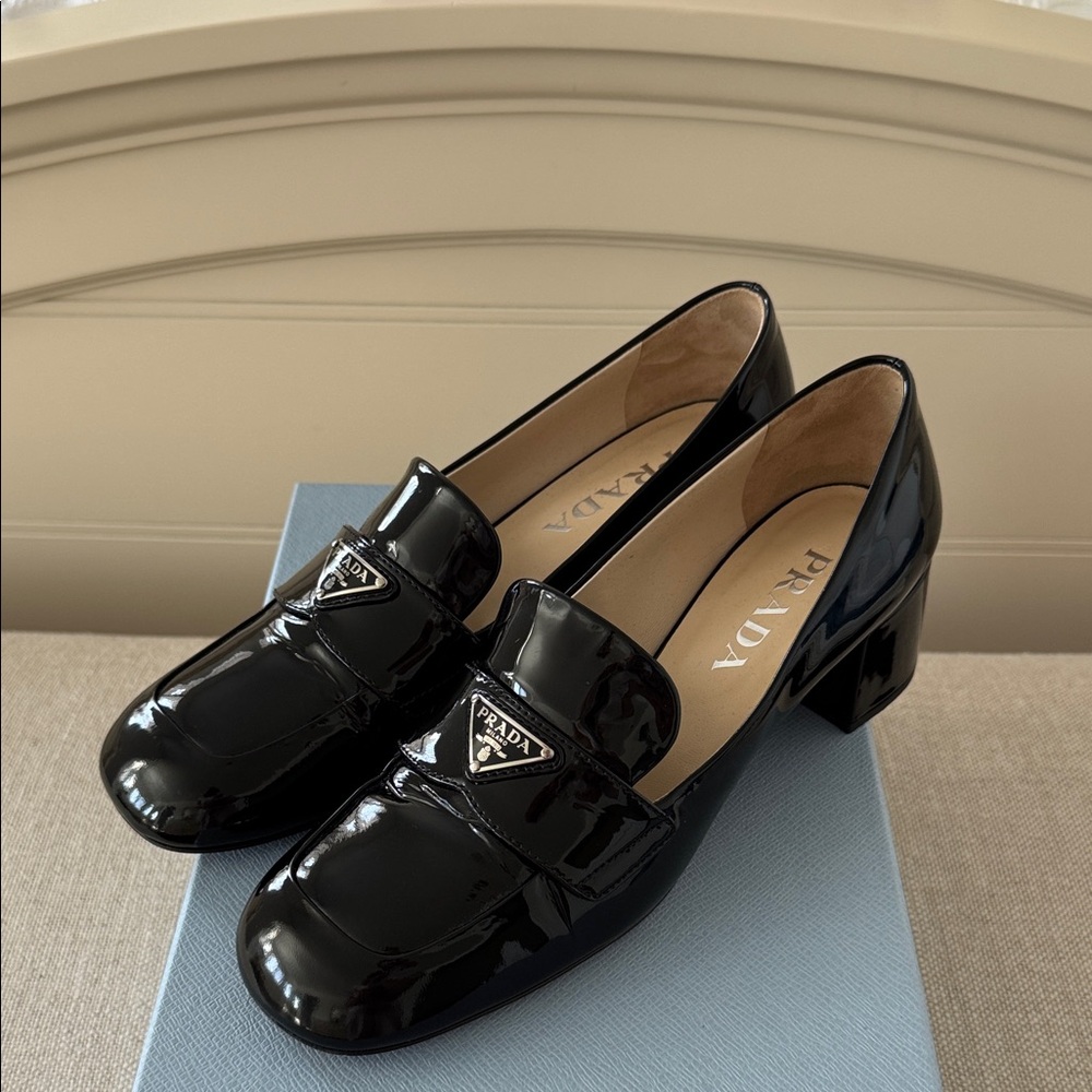 Prada Women's Black Patent Leather Block-Heel Loafers - Picture 2 of 5